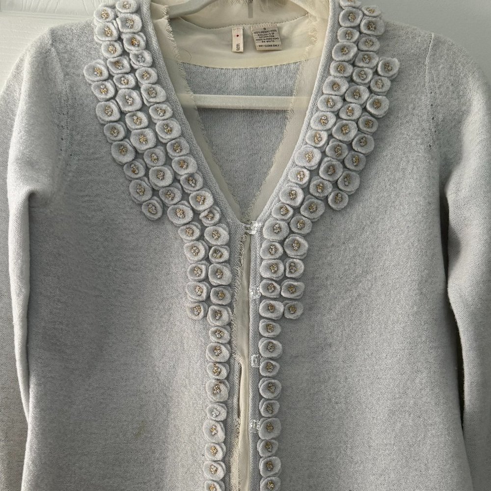 Anthropologie Light Gray Floral Trim Cardigan